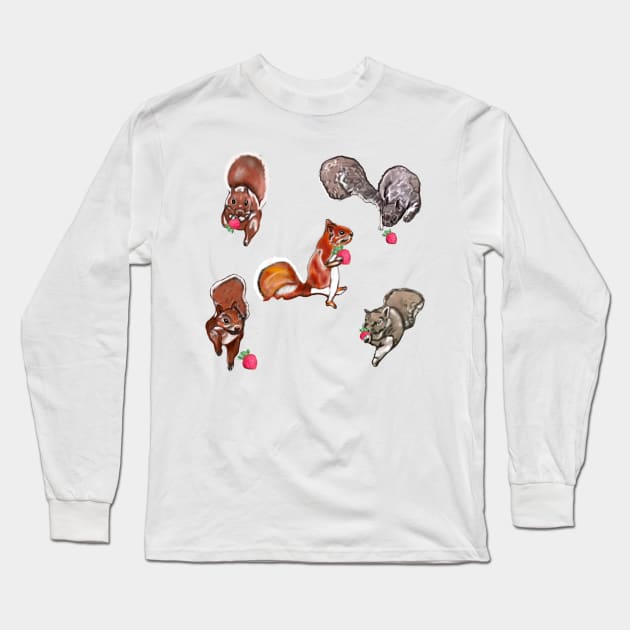 Cute fluffy furry squirrels with strawberries - light pattern Long Sleeve T-Shirt by Artonmytee